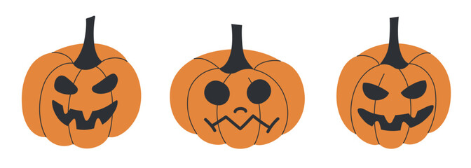 Vector illustration set of three cartoon Jack-o-lanterns with different spooky faces. Halloween collection of flat designs in orange and black, jack o lantern pumpkins for autumn decorations 