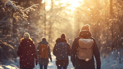 Five friends walk together on a snowy path through a winter forest, enjoying the serene beauty of nature and the warmth of friendship under the golden sun