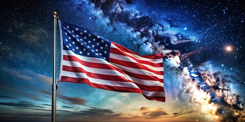American flag waving proudly under a starry night sky background symbolizing patriotism and national pride