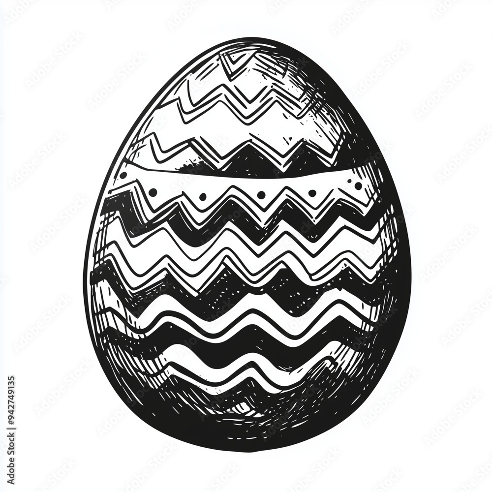 Fototapete cartoon-style easter egg with zigzag patterns and dots, black and white, sketched lines, centered on