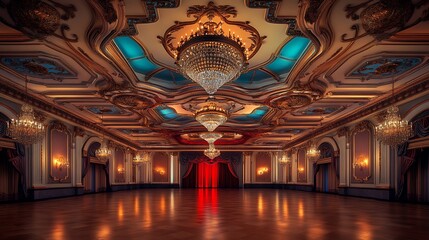 Obraz premium Majestic Ballroom with Ornate Ceiling Design, Crystal Chandeliers, and Warm Lighting with Red and Blue Accents