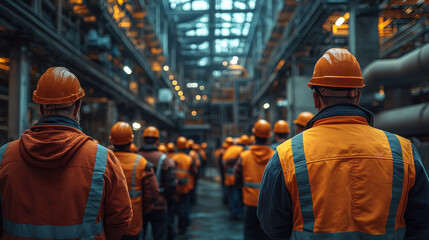 Fototapeta premium A group of construction workers attending a safety briefing on-site, surrounded by industrial materials, emphasizing safety culture.