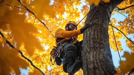 Professional arborist in safety gear climbs a maple tree with yellow autumn leaves, preparing to prune or cut it down.