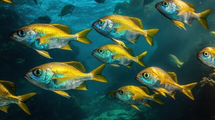 Naklejka premium A School of Yellowtail Snapper Fish Swimming in a Blue Ocean