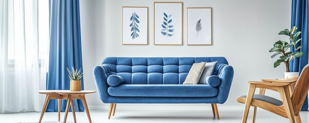 Modern living room featuring a cozy blue sofa, stylish curtains, and elegant decor for a serene ambiance.