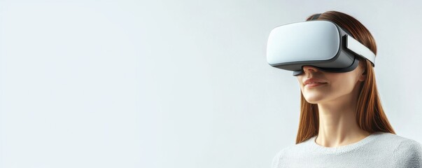 A woman experiencing virtual reality with a VR headset, exploring new dimensions and immersive technology.