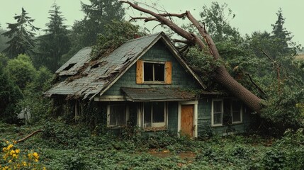 Fototapeta premium A dense forest turned disaster zone, where massive trees have toppled onto houses, branches piercing through roofs, nature reclaiming the area