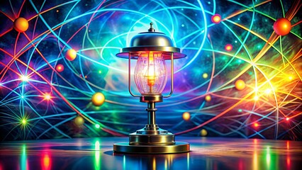 A mystical atomic lamp emitting vibrant colors and lights in a futuristic setting