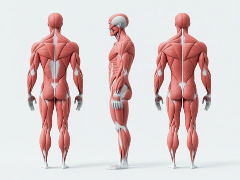 3D rendered anatomical illustration of human muscular system in three views: front, back and side.