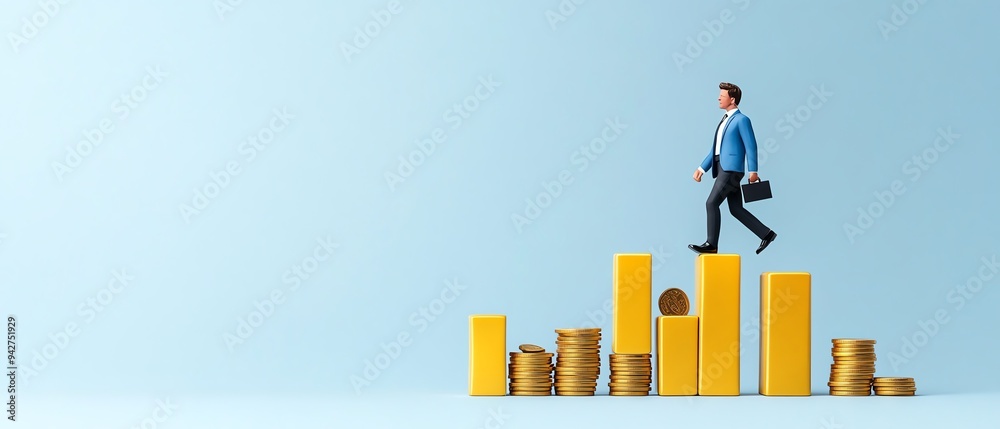 Wall mural A businessman climbing a graph of coins, symbolizing financial growth and success in a modern financial environment.