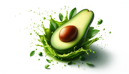 Avocado with water splash on transparent background