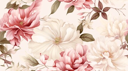 A luxurious vintage-inspired pattern with pink and white peony flowers rendered in watercolor. The soft petals and verdant leaves are artfully arranged in a seamless design that evokes elegance and