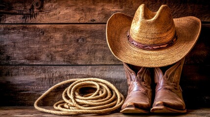 A classic cowboy scene featuring brown leather boots, a wide-brimmed straw hat, and a coiled rope. This image captures the spirit of western culture and adventure. Perfect for themed projects. AI