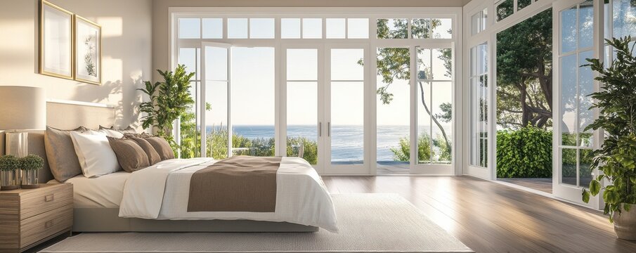 A serene bedroom with large windows showcasing a beautiful ocean view, featuring a modern design and warm, inviting tones.