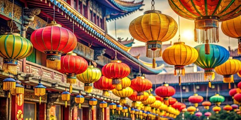 Fototapeta premium Colorful Chinese lanterns hanging in a traditional temple in China showcasing the country's rich culture and architecture