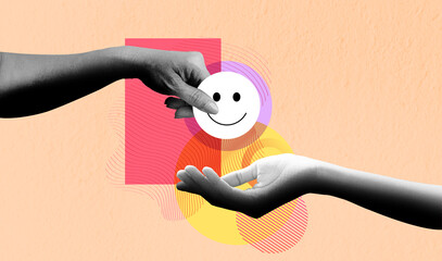 Hands holding happy smile, feedback rating and positive customer review experience, satisfaction survey. Art collage digital pop modern art.