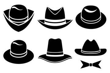 6 set unique black hat styles silhouette vector