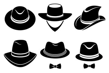 6 set unique black hat styles silhouette vector