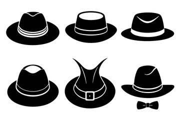 6 set unique black hat styles silhouette vector