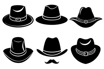 6 set unique black hat styles silhouette vector