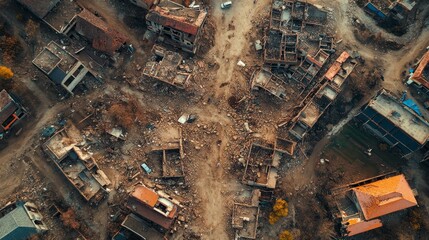 Obraz premium A drone captures the ruins of a once-thriving neighborhood, where nature and human structures are equally torn apart by a massive earthquake
