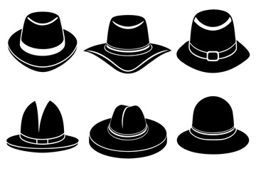 6 set unique black hat styles silhouette vector