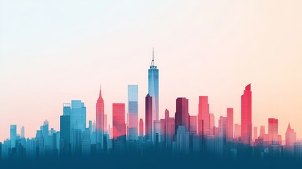 Fototapeta premium A colorful cityscape silhouette at sunrise, with skyscrapers and buildings against a pink and blue sky.