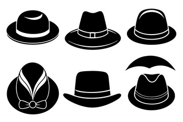 6 set unique black hat styles silhouette vector
