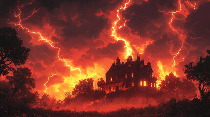 Fototapeta premium A haunted mansion on a hill, silhouetted against a blood-red sky, with lightning striking in the background.