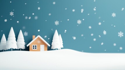 A cozy winter scene with a small house and snow-covered trees under a falling snow.