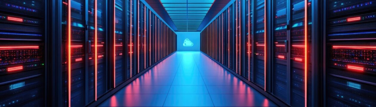 Futuristic hyperscale data center, cloud systems in full optimization mode, glowing data flows, sustainable technology focus, sleek and advanced visual style