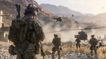 Soldiers in camouflage gear march across a rocky terrain with a helicopter overhead.