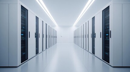 Fototapeta premium Interior of hyperscale data center with cloud deployment control panels, dynamic data flows, high-efficiency server racks, ultra-modern technology, clean lines