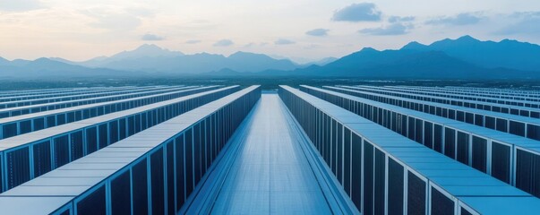 Aerial view of a vast hyperscale data center surrounded by cloud infrastructure, energy-efficient design, eco-friendly technology integration, sleek and minimalistic