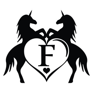 recommend clip art: Elegant Unicorn Black Monogram Logo with Heart and Letter 'F' – Vector Silhouette Design, t-shirt Design svg