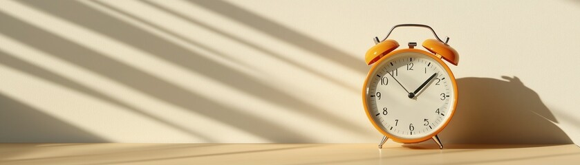 Yellow vintage alarm clock on bedside table, with copy space for text