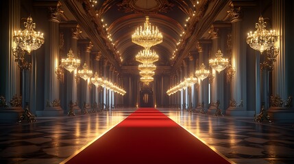 Obraz premium Majestic Red Carpet in a Sumptuously Lit Hall with Grand Chandeliers, Ready for an Exclusive Ceremony