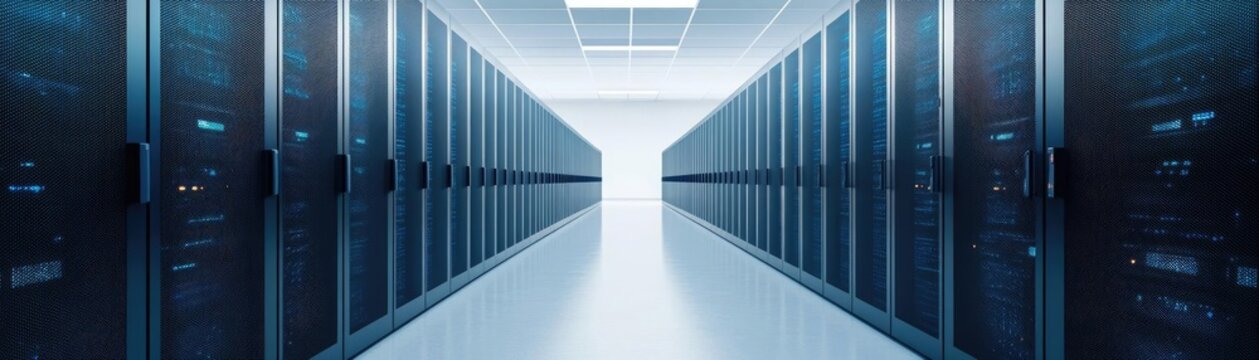 Futuristic hyperscale data center with robust architecture, emphasizing advanced security features like biometric access and firewalls, high-tech facility