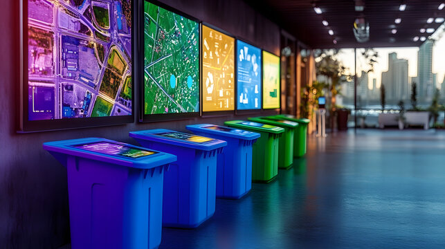Innovative smart waste management system display showing optimized collection routes, enhancing efficiency and environmental sustainability - Concept of smart cities, technology, and eco-friendly