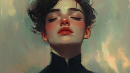 Portrait of a Person with Closed Eyes and Red Lips