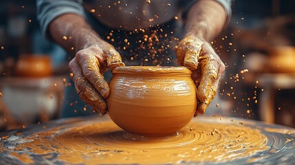 Artisanal pottery workshop, potter at wheel, finished ceramics
