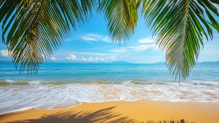 Beautiful tropical island sea beach landscape, turquoise ocean water, yellow sand, sun blue sky white cloud, green coconut palm tree leaves, paradise nature, summer holidays, vacation, tourism, travel