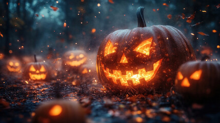 Fototapeta premium A pumpkin patch under a starry sky, with jack-o'-lanterns of various sizes and designs glowing eerily in the night.