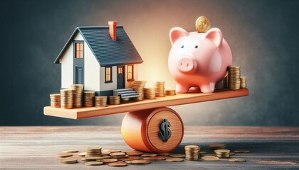 House and Piggy bank on seesaw. Real estate business mortgage investment and financial loan concept. real estate property.