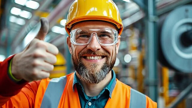 A smiling factory worker in safety gear gives a thumbs up