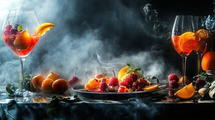 Fruit, Cocktails, and Steam on a Dark Background