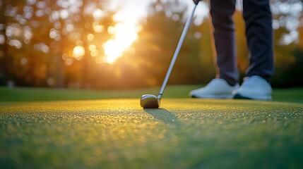 Golfer Aligning Putt on Practice Green with Blurred Flagstick in Background