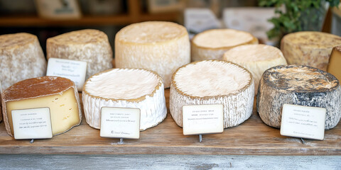 Assortment of aged cheeses displayed in a cheese shop, with labels indicating their origins and flavors.