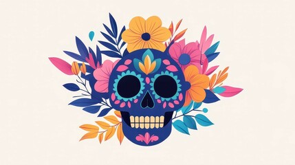 Vibrant floral calavera, showcasing modern animation with a unique cartoon flair and textured details for a lively appeal.