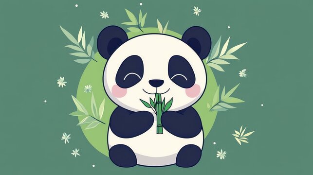 cute panda eating bamboo, green background clip art preview